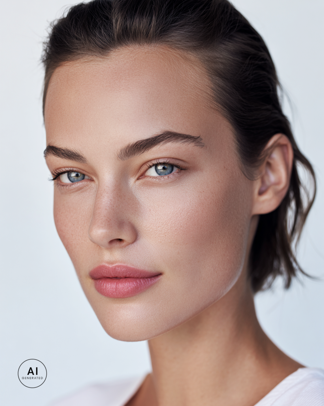 Portret kobiety z ciemniejszymi włosami i niebieskimi oczami oraz jasną skórą w typie kolorystycznym Chłodna Zima z naturalnym makijażem