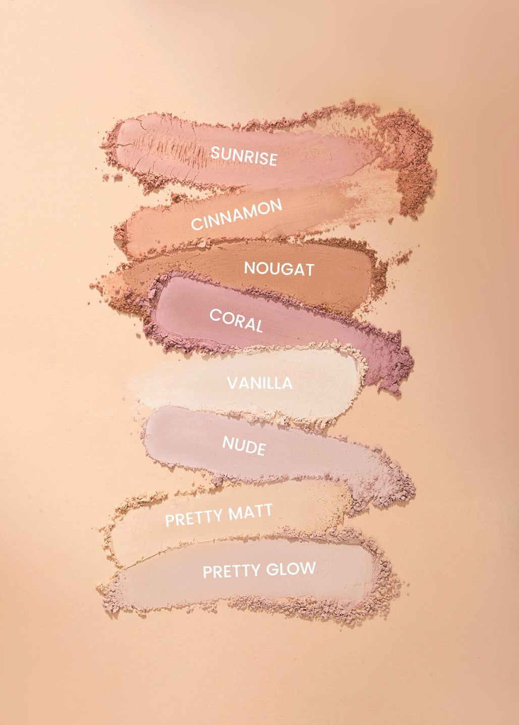 Swatche kosmetyków z zestawu Full Face Warm Up Annabelle Minerals w ciepłych odcieniach różu, beżu i brązu