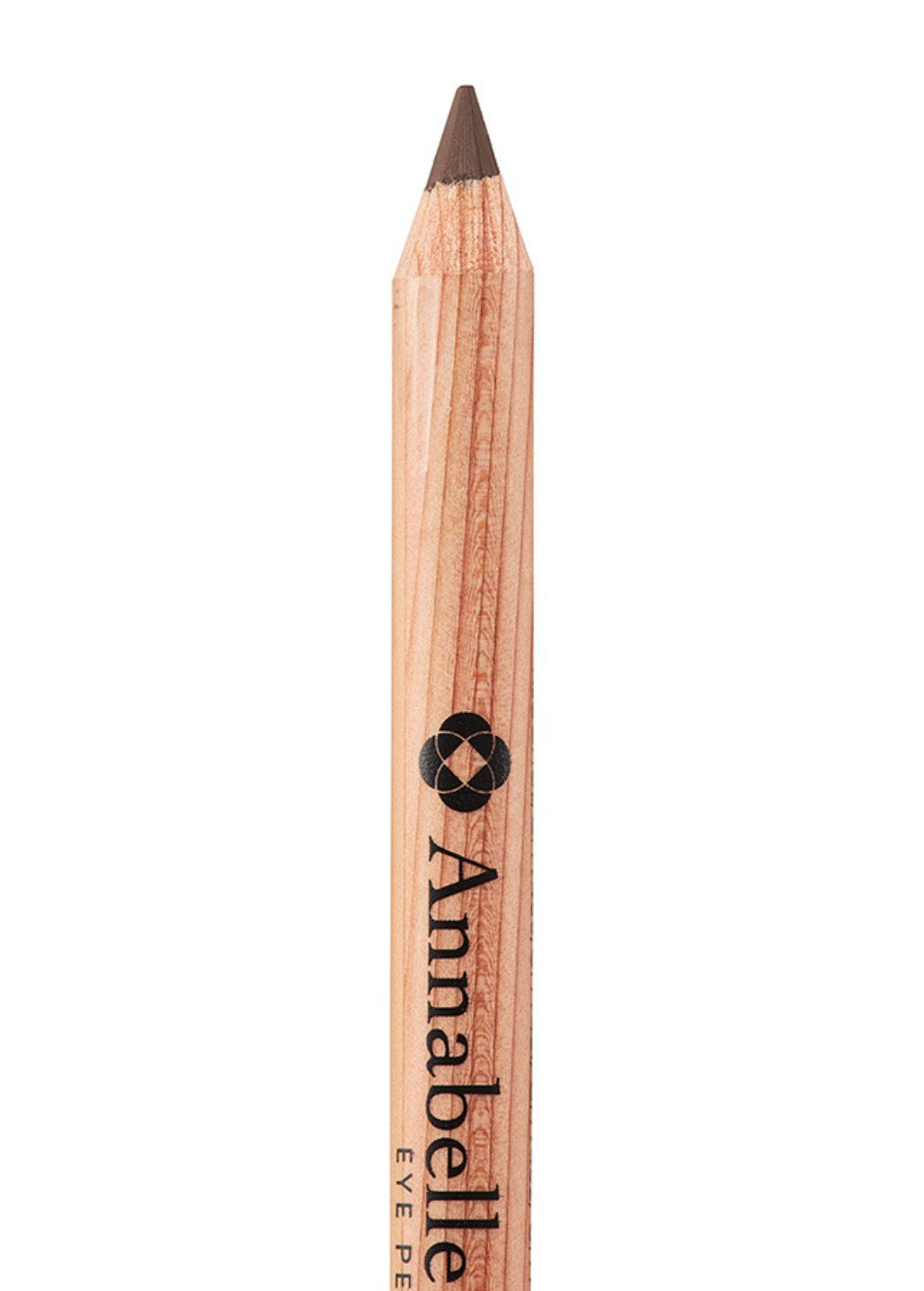 Brązowa kredka do oczu Annabelle Minerals w drewnianej oprawie na jasnym tle