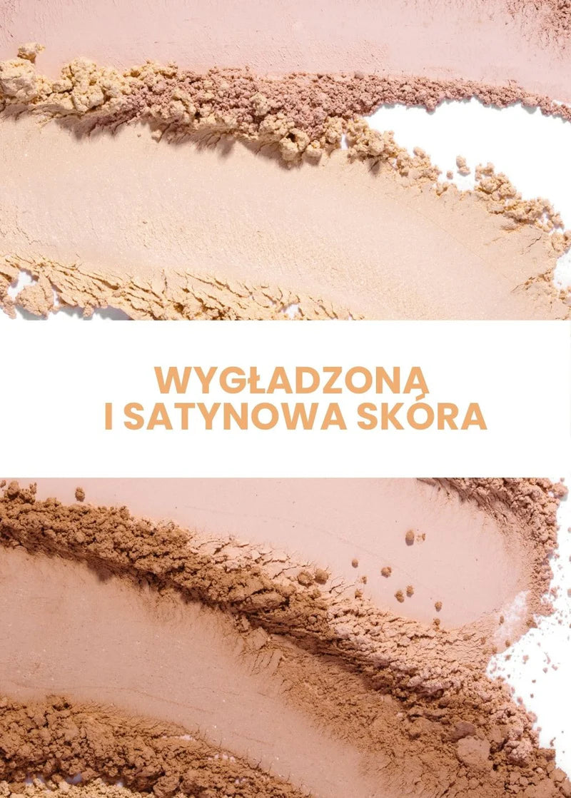 Paleta podkładów mineralnych Annabelle Minerals w odcieniach beżu i brązu z napisem Wygładzona i satynowa skóra