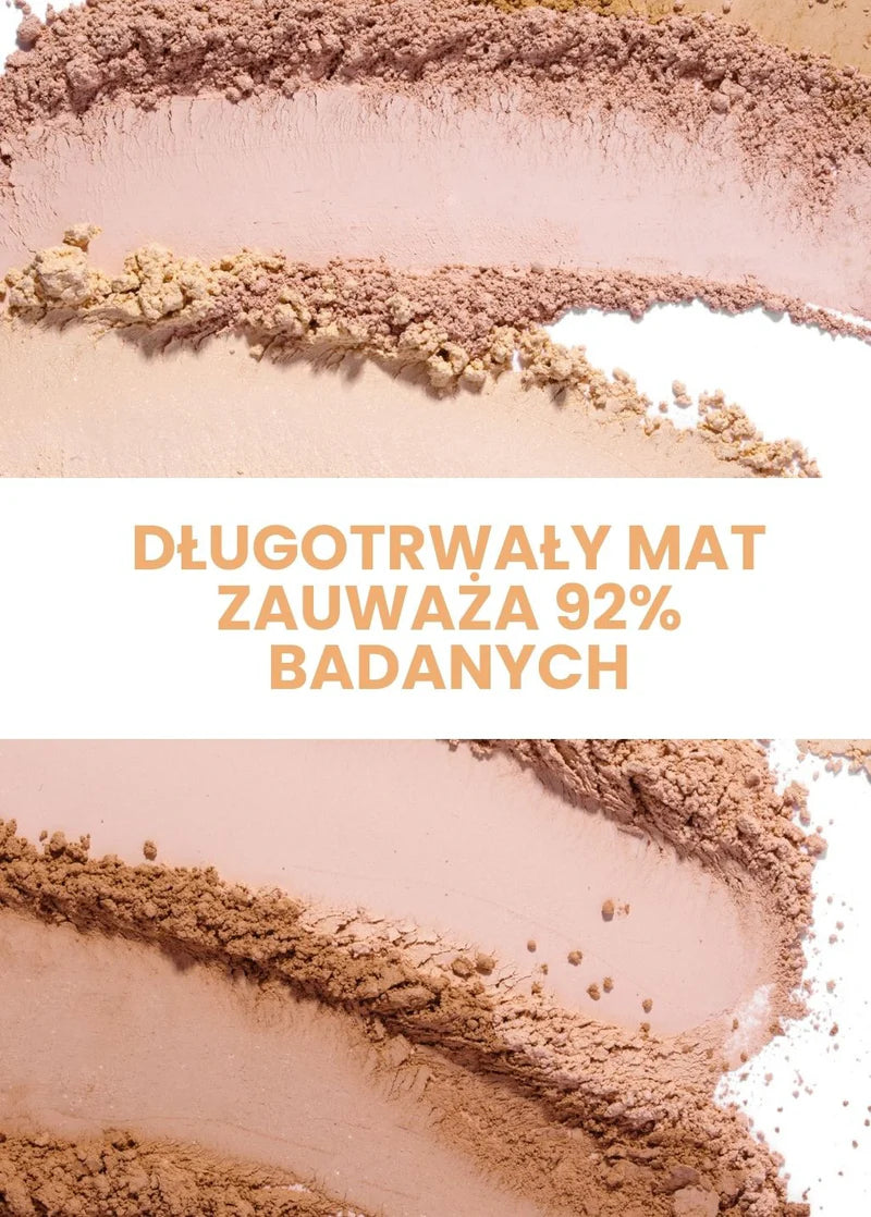 Różnorodne odcienie matujących podkładów mineralnych do makijażu z napisami o długotrwałym matowym efekcie