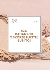 Matujący podkład mineralny do skóry tłustej z napisem 92% badanych o skórze tłustej lubi to!