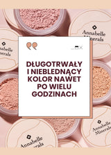 Cienie mineralne Annabelle Minerals na różowym tle z informacją o długotrwałym i nieblednącym kolorze