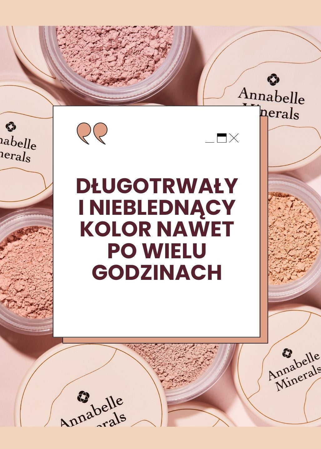 Cienie mineralne Annabelle Minerals na różowym tle z informacją o długotrwałym i nieblednącym kolorze