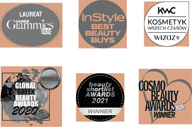 Odznaki nagród za kosmetyki, w tym Glamour Glammies 2020 i Global Green Beauty Awards 2020