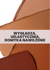 Brązowe swatche kremowych bronzerów Sculpt Balm Annabelle Minerals z tekstem o właściwościach nawilżających i uelastyczniających