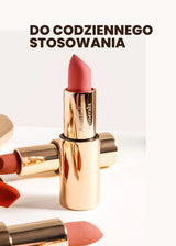 Szminki Annabelle Minerals w złotych opakowaniach, w tym jasno różowa szminka do codziennego użytku