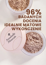 Opakowania mineralnego pudru matującego Annabelle Minerals z informacją o 96% satysfakcji z matowego wykończenia