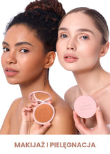 Dwie kobiety z naturalnym makijażem, trzymające prasowane podkłady mineralne Annabelle Minerals