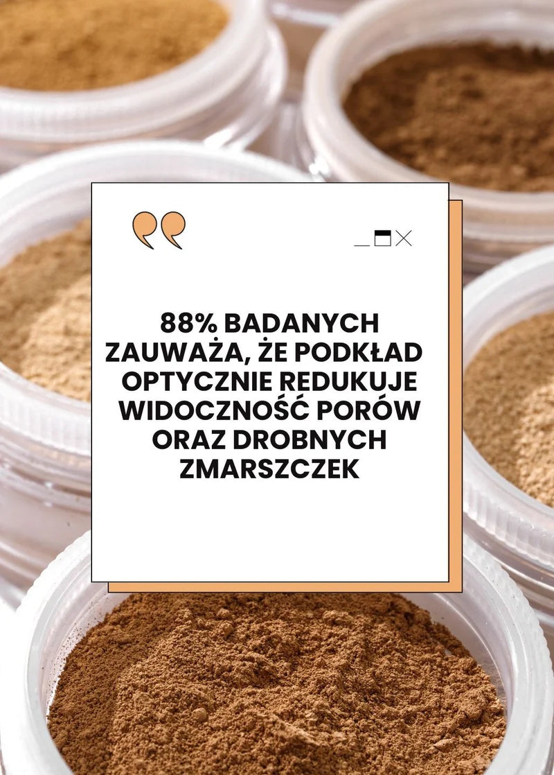 Różne pojemniki z rozświetlającymi podkładami mineralnymi Annabelle Minerals do makijażu i informacja o redukcji widoczności porów i zmarszczek