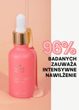 Różowa buteleczka serum  Clarity Juice ze szklanym zakraplaczem i złotym akcentem, z informacją o intensywnej hydratacji