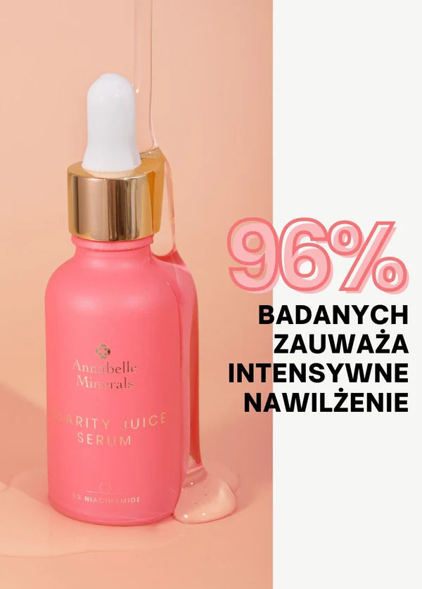 Różowa buteleczka serum  Clarity Juice ze szklanym zakraplaczem i złotym akcentem, z informacją o intensywnej hydratacji