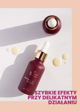 Burgundowe butelki serum z retinolem z kroplami lekkiej substancji, z napisem o szybkim działaniu