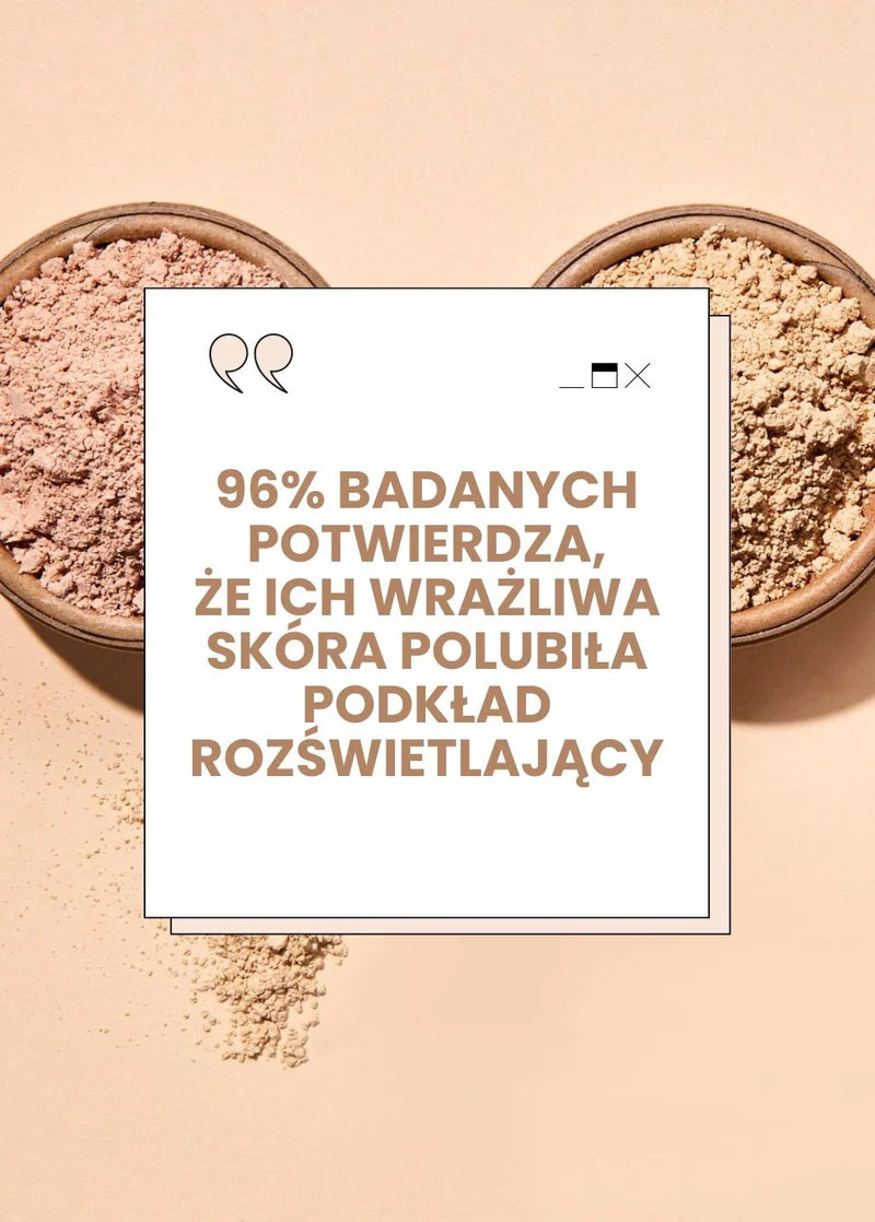 Podkłady mineralne rozświetlające w papierowych opakowaniach oraz informacja o podkładzie rozświetlającym dla wrażliwej skóry