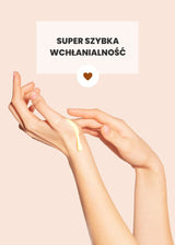 Ręce nakładające krem Soft Cream Annabelle Minerals na nadgarstek, obok tekst o super szybkim wchłanianiu