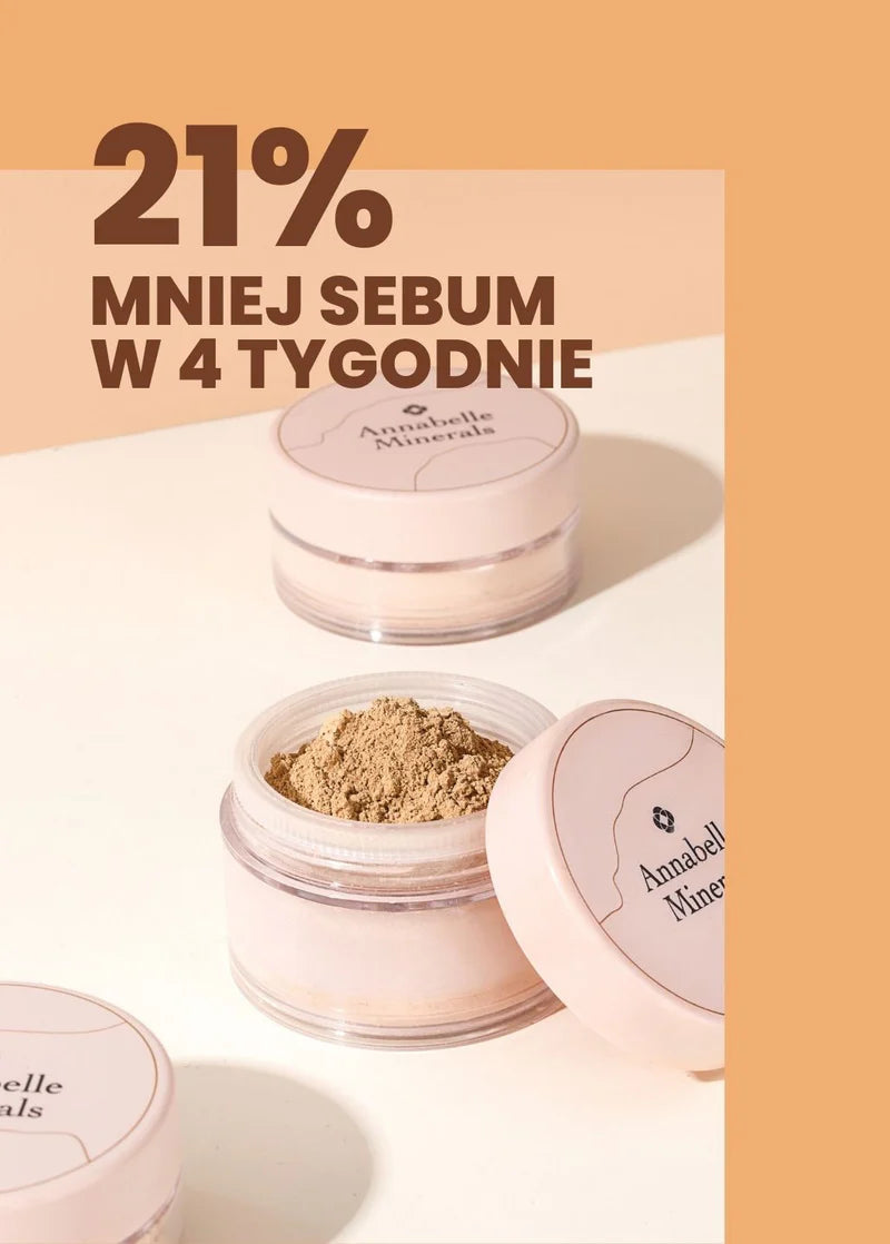 Opakowania matujących podkładów mineralnych Annabelle Minerals obiecujących redukcję sebum o 21% w ciągu czterech tygodni