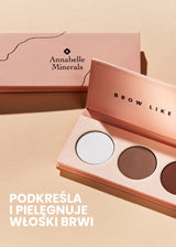 Paletka do brwi Annabelle Minerals w minimalistycznym, beżowym opakowaniu z trzema odcieniami