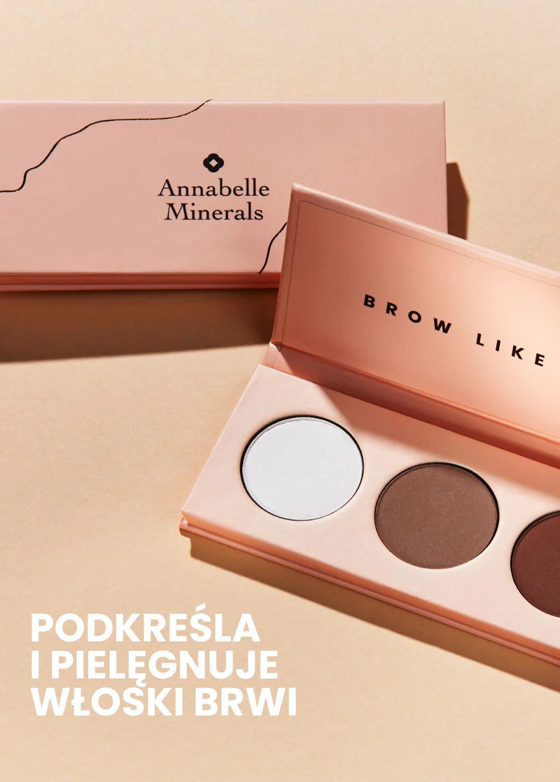 Paletka do brwi Annabelle Minerals w minimalistycznym, beżowym opakowaniu z trzema odcieniami