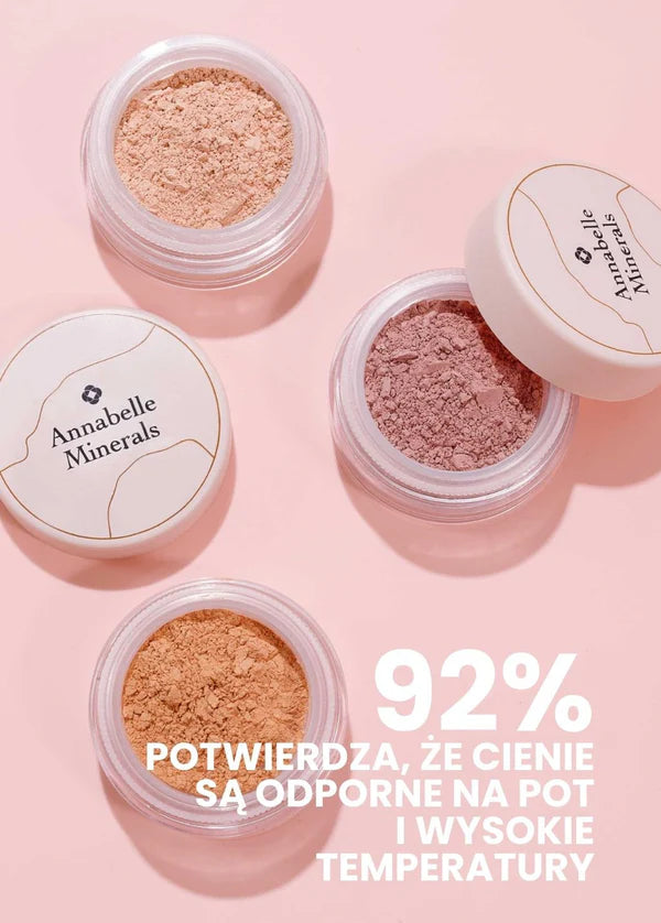 Cztery słoiczki cieni glinkowych  Annabelle Minerals w różnych odcieniach na różowym tle