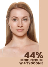 Kobieta z naturalnym makijażem, informacja o 44% redukcji sebum w ciągu czterech tygodni