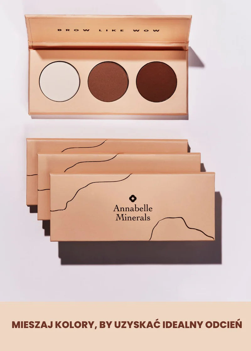 Paletka z trzema odcieniami cieni do brwi od Annabelle Minerals i opakowania dodatkowych produktów
