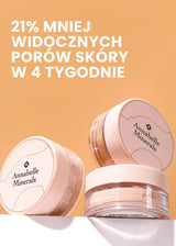Opakowania kosmetyków Annabelle Minerals w tle o delikatnym pomarańczowym odcieniu z informacją o mniejszej widoczności porów skóry w 4 tygodnie