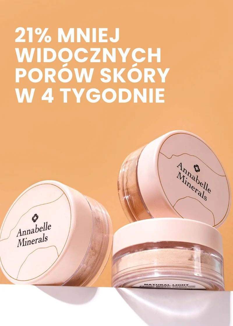 Opakowania kosmetyków Annabelle Minerals w tle o delikatnym pomarańczowym odcieniu z informacją o mniejszej widoczności porów skóry w 4 tygodnie