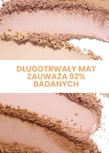 Różnorodne odcienie matujących podkładów mineralnych do makijażu z napisami o długotrwałym matowym efekcie