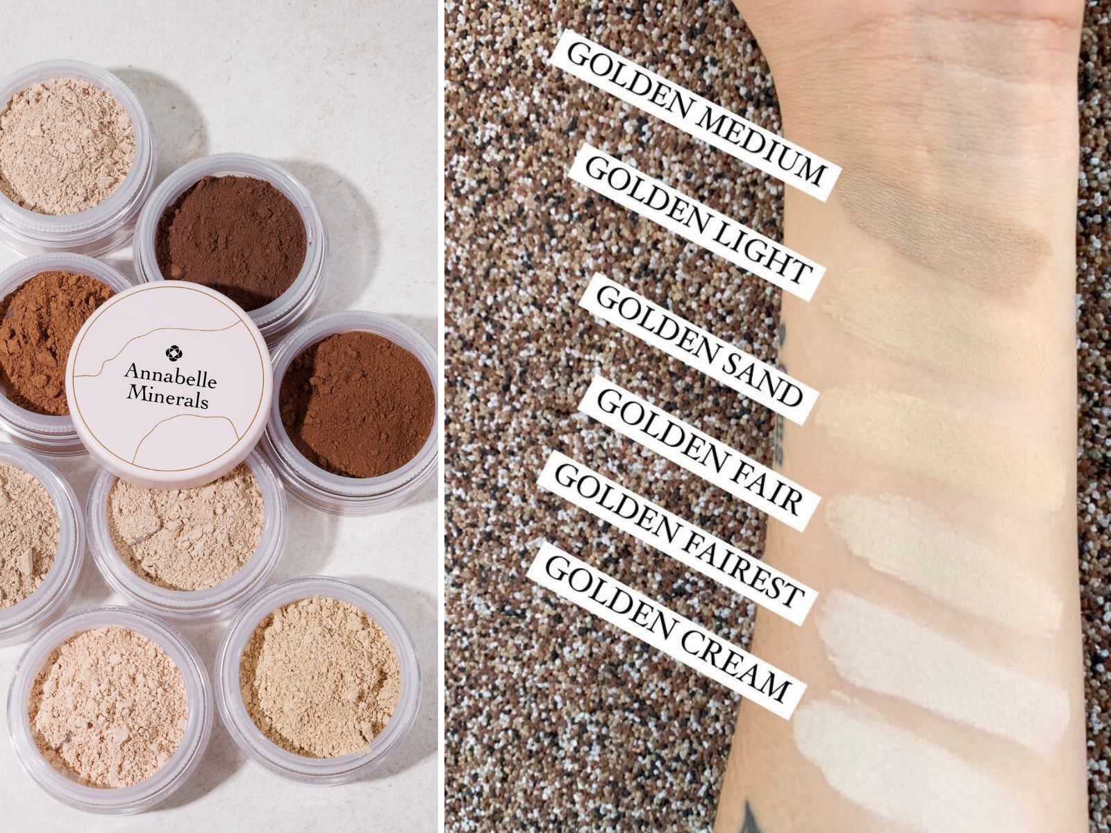 Odcienie podkładów w formule kryjącej Annabelle Minerals w gamie Golden: Golden Cream, Golden Fairest, Golden Fair, Golden Light, Golden Medium, Golden Dark