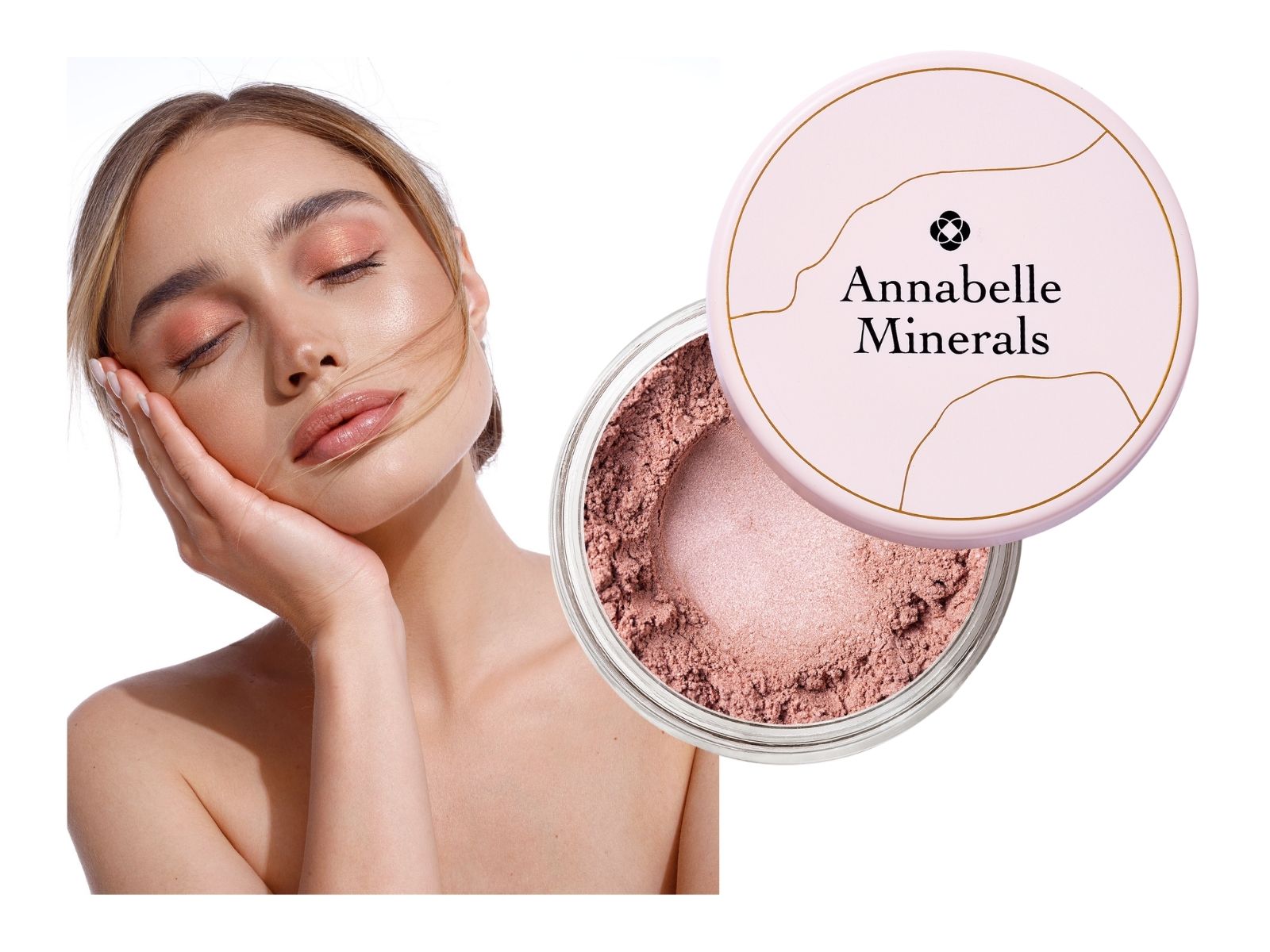 Rozświetlający róż do policzków Peach Glow Annabelle Minerals, kórym uzyskasz modny efekt sunburnt blush