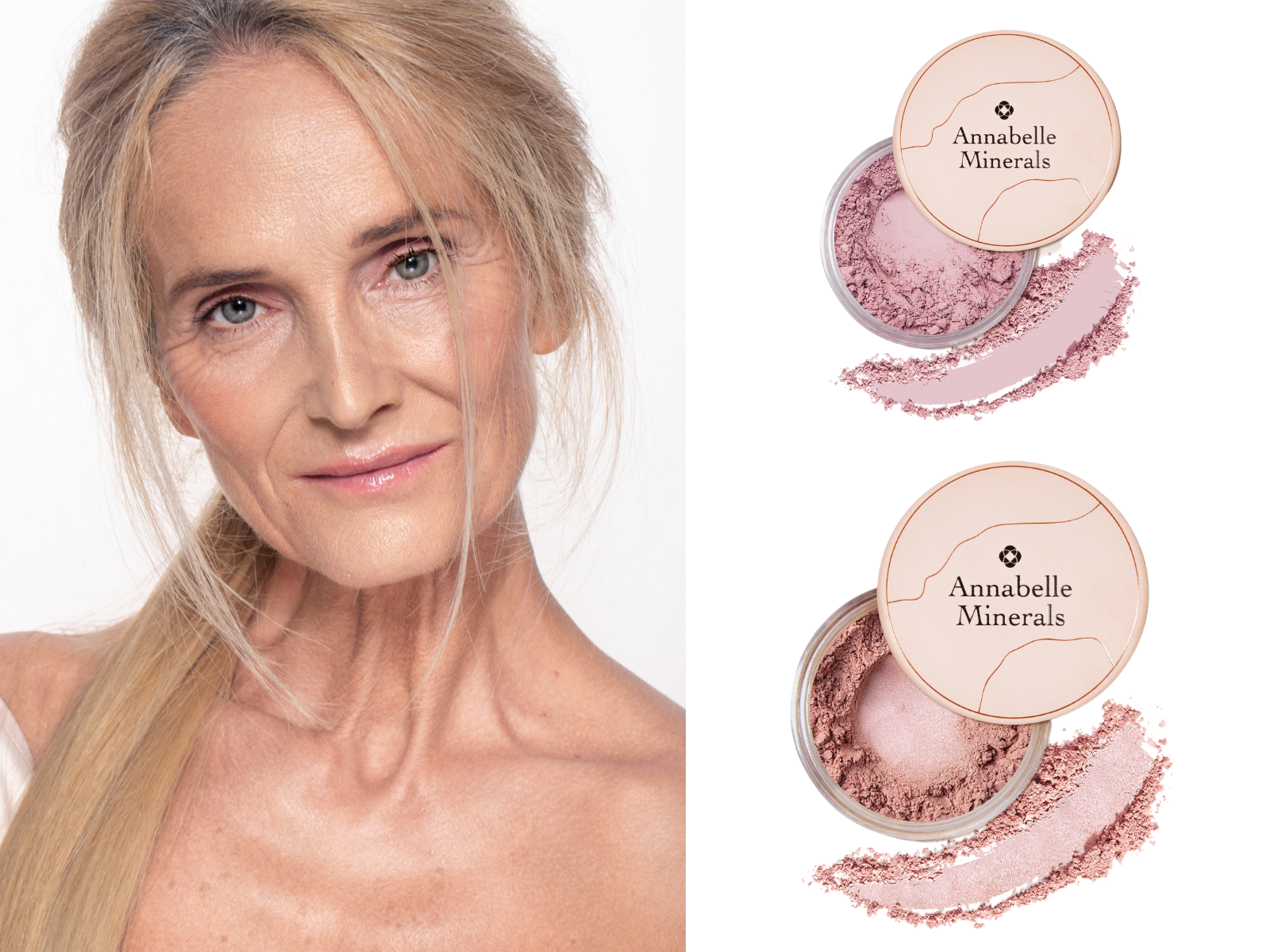 Makijaż mineralny dla skóry dojrzałej: rozświetlający podkład mineralny Golden Fair, róż rozświetlający Peach Glow, cień glinkowy Margarita